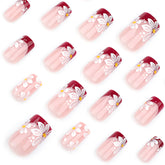 24Pcs Nude Color Fake Nails White Flower Printed Short Square Head Press on Nails Spring/Summer Charm Manicure for Women
